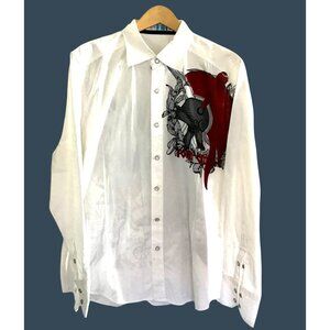 Mens Toku White Long Sleeve Button-Up Shirt With Red & Black Graphic Design Size